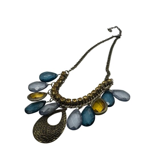 Gold-Tone Loft Necklace W/ Blue & Clear Beads Yellow Accents & Teardrop Pendant - Picture 4 of 5